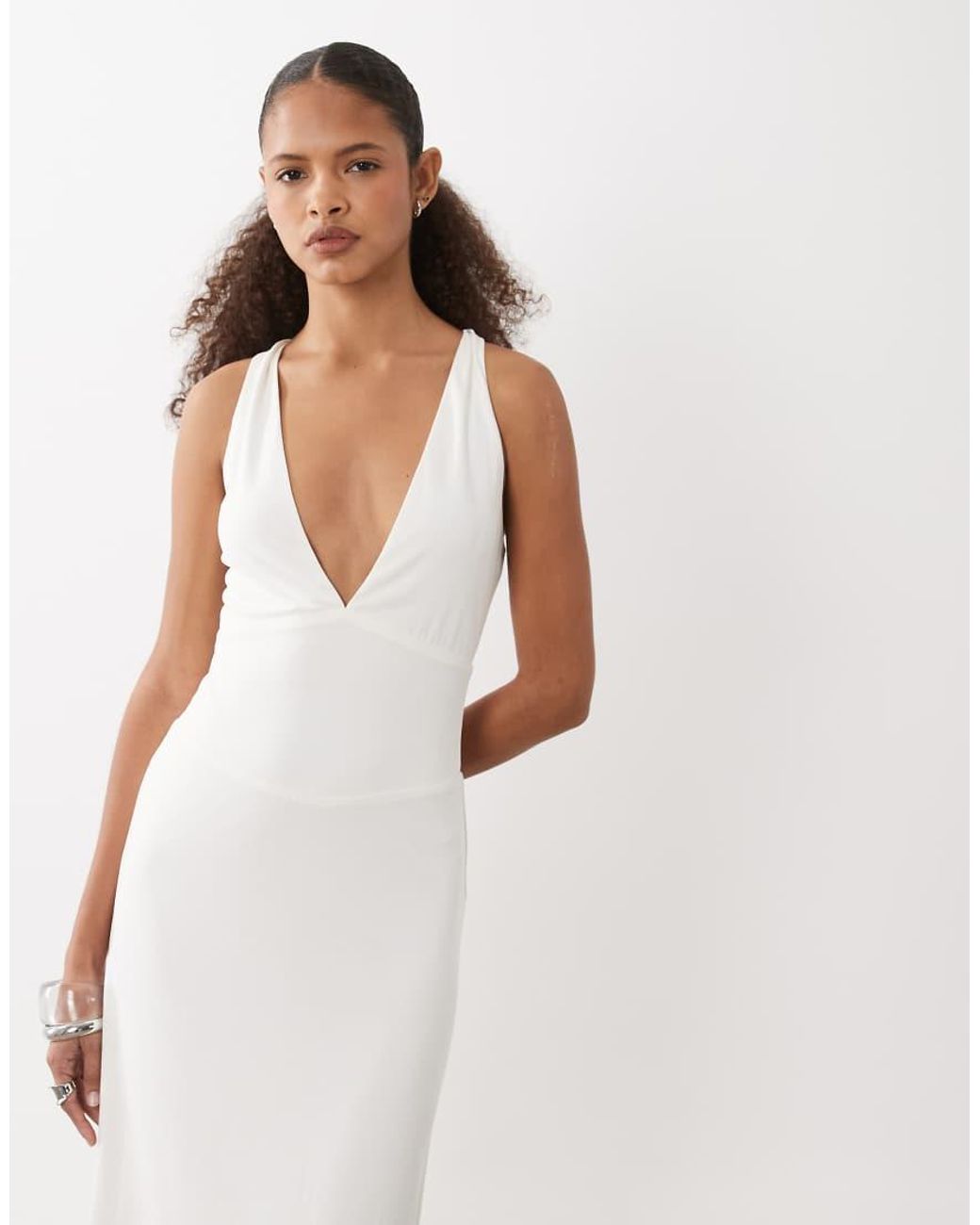 Motel Natural Georgina Cupro Deep Plunge Midi Dress