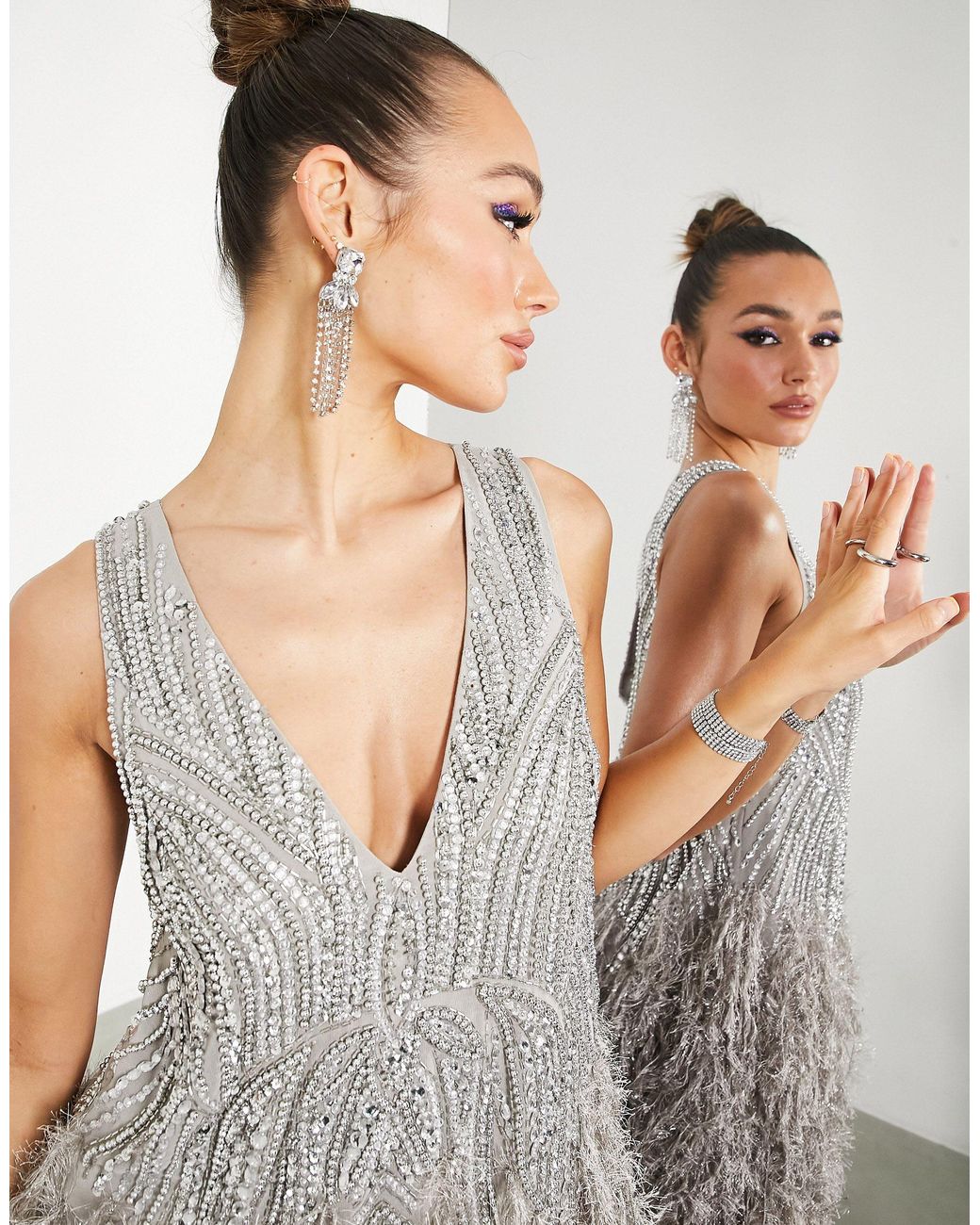 asos crystal and bead mini dress ASOS EDITION crystal and bead mini dress with faux feather hem in white