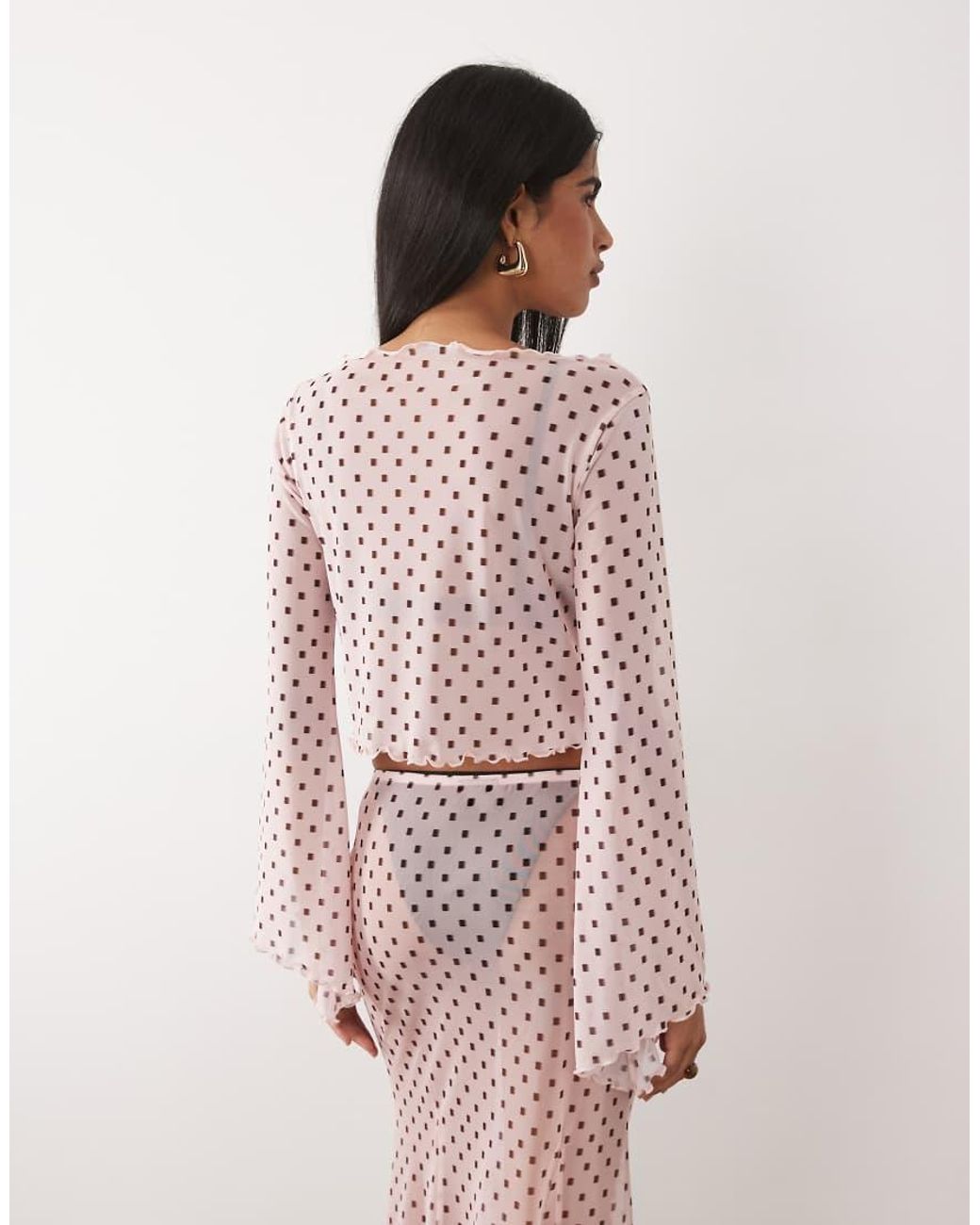 ASOS Pink Co-Ord Printed Mesh Angel Sleeve Button Through Top