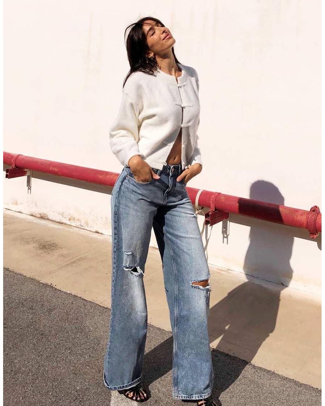 Bershka Blue High-Waist Wide-Leg Ripped Jeans