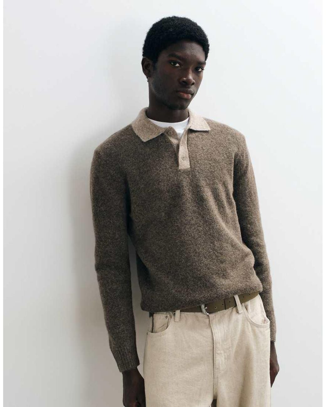 Mango Brown Knitted Polo Jumper With Contrast Collar for men
