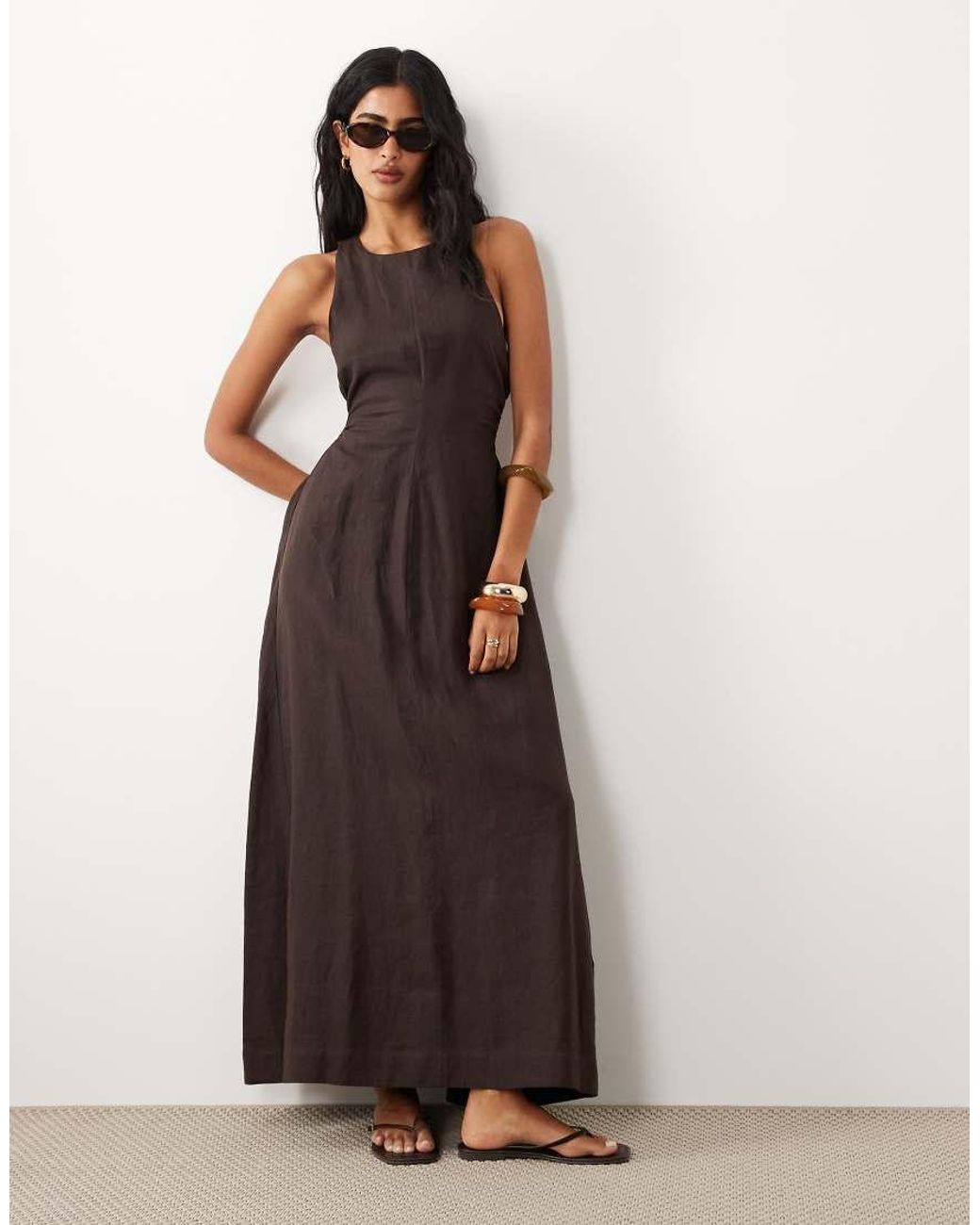 ASOS White Premium 100% Linen Waisted Maxi Dress With Open Back