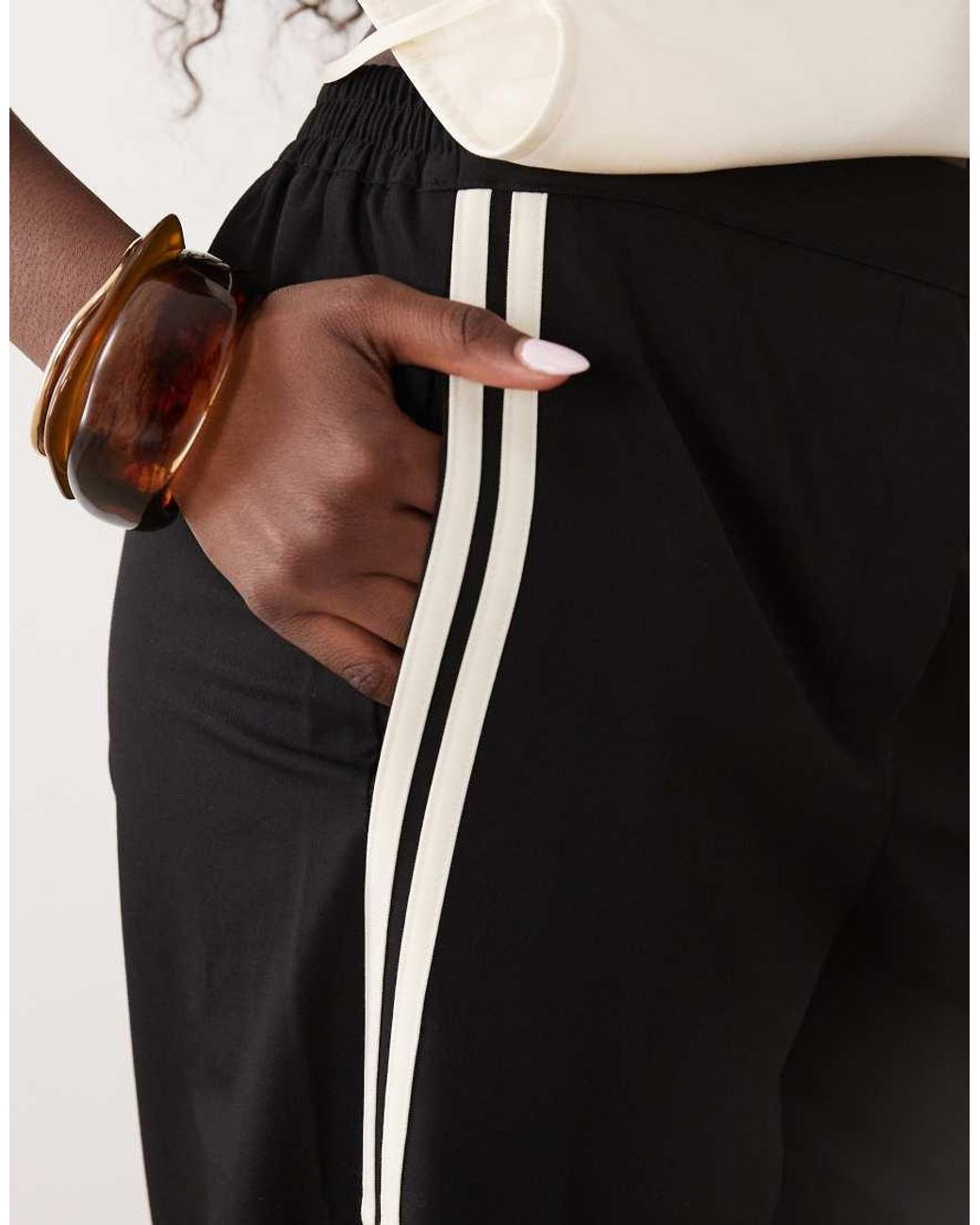 Mango White Tie Waist Straight Trouser With Side Stripe