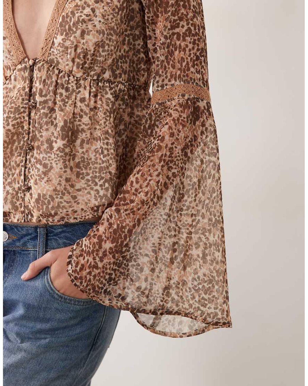 Miss Selfridge Brown Chiffon Fluted Sleeve Blouse
