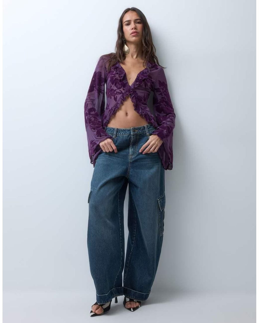 ASOS Purple Flock Ruffle Front Long Sleeve Top