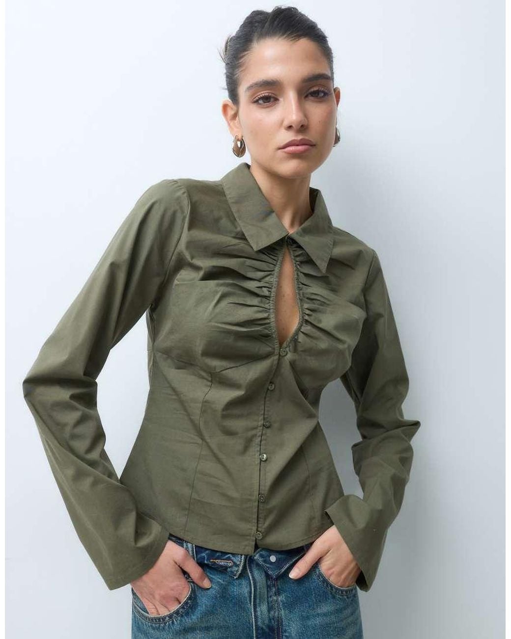 Gina Tricot Green Keyhole Cinched Waist Long Sleeve Shirt