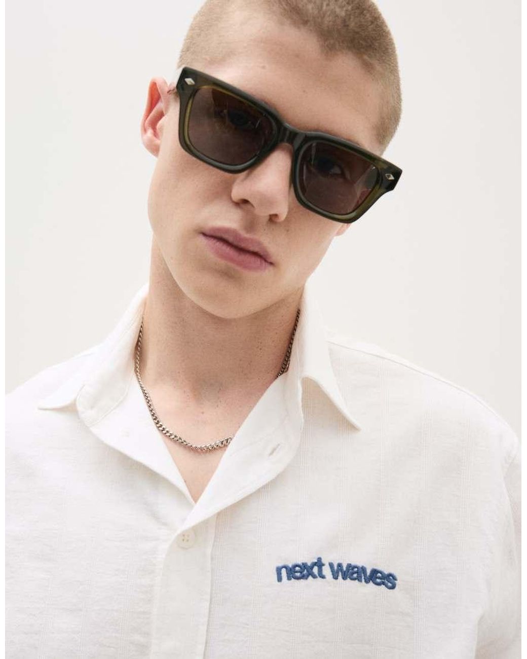 Bershka White Short Sleeve Rustic Textured Shirt With Print for men