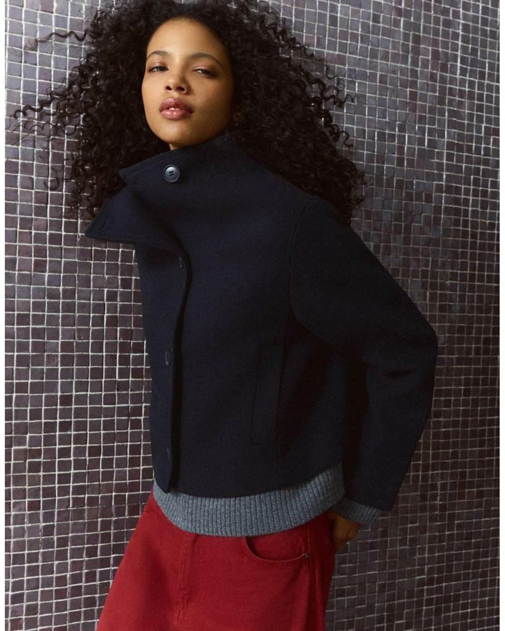 Bershka Blue Cropped Felt-effect Wrap Jacket