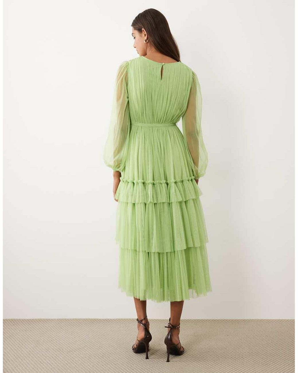 LACE & BEADS Green Crew Neck Tiered Midi Dress