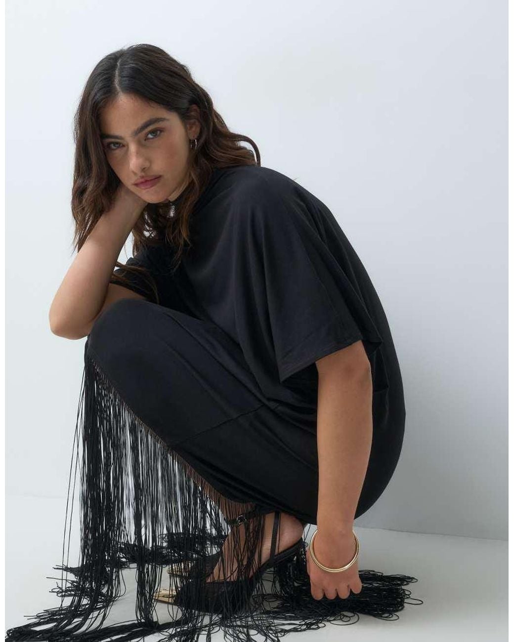 ASOS Gray Half Sleeve Maxi Dress With Full Length Fringe