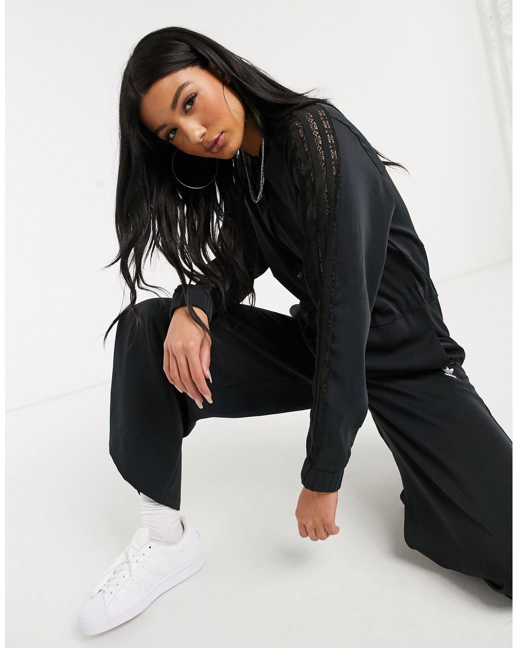 adidas Originals Bellista Lace Insert Jumpsuit in Black | Lyst