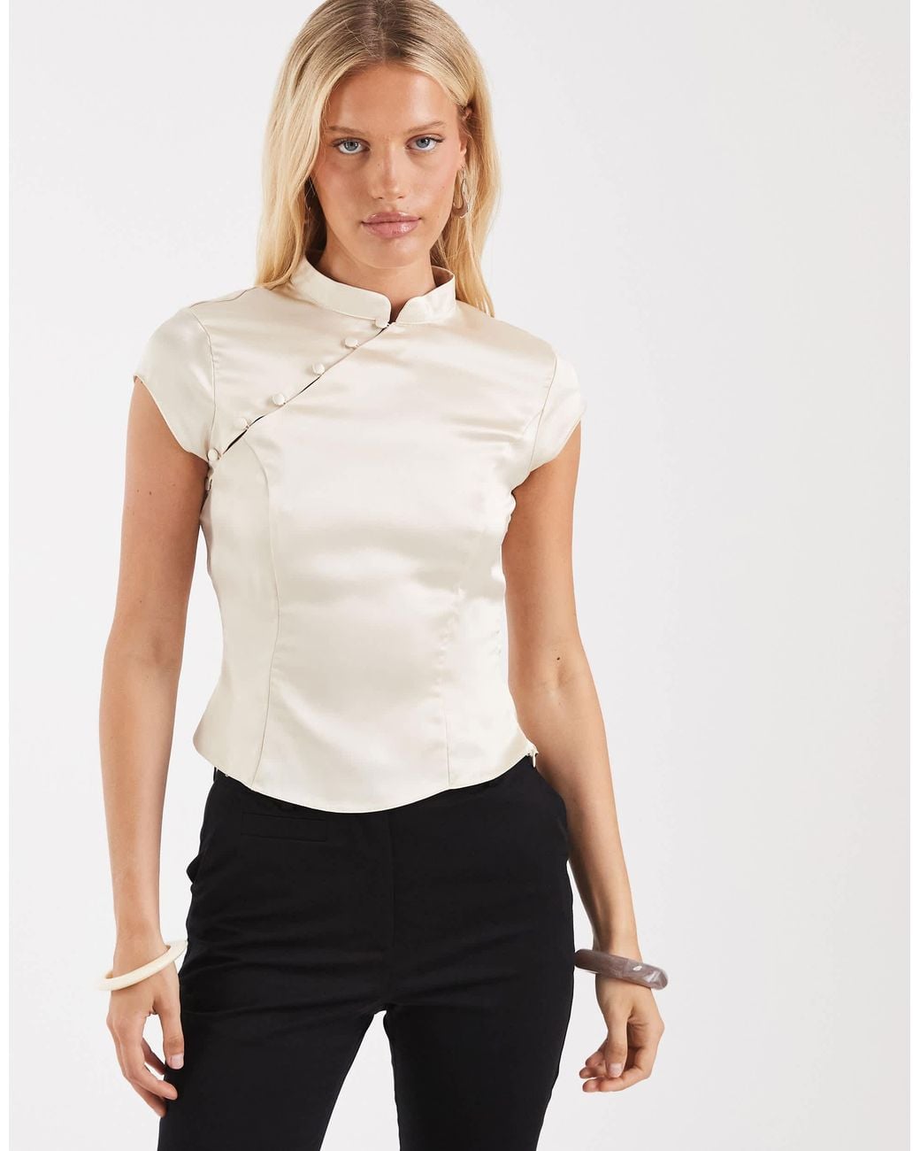 ASOS Natural Satin Mandarin Collar Button Through Top