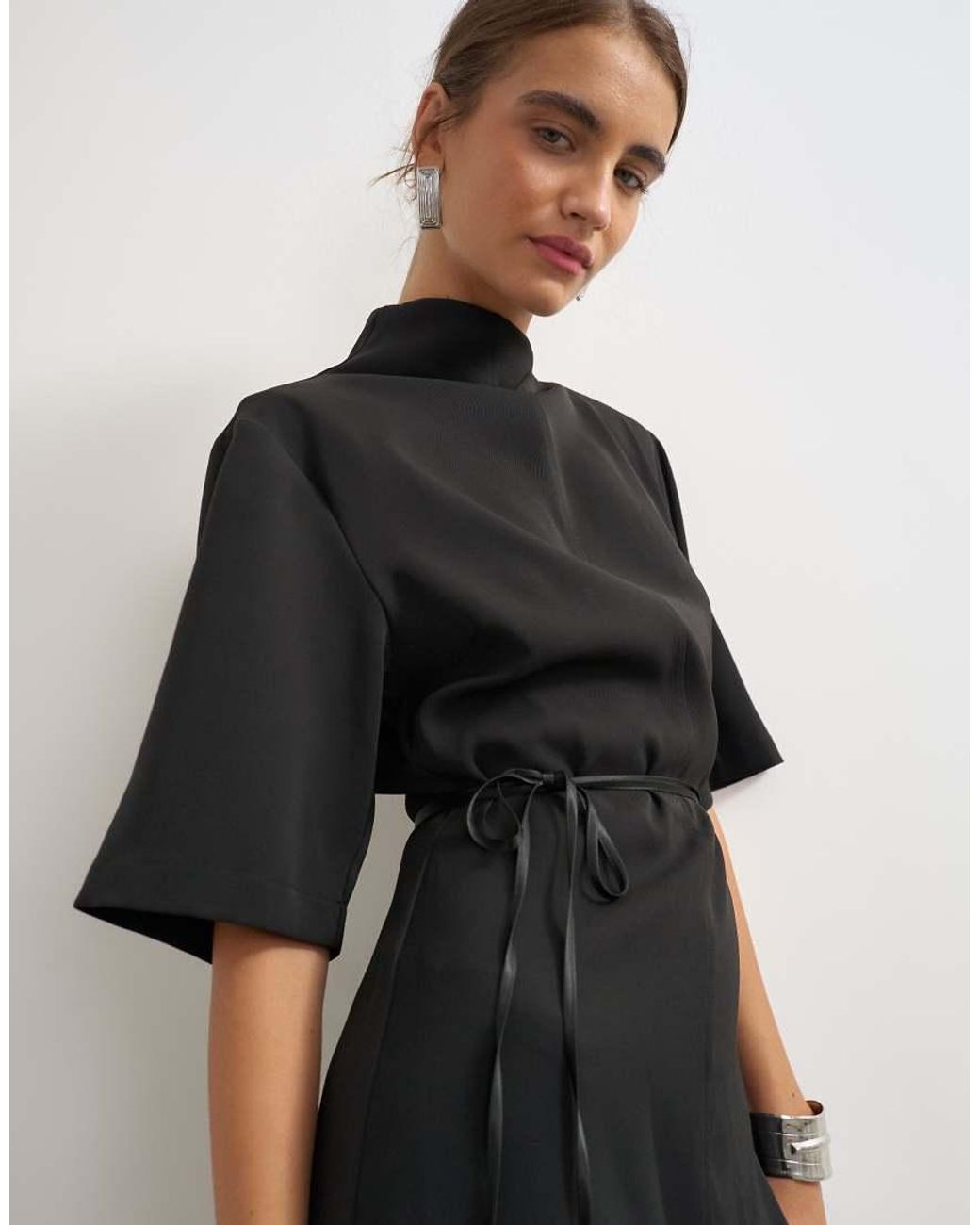 TOPSHOP Black Heavy Crepe Asymmetric Neck Structured Shoulder Pad Mini Dress With Belt