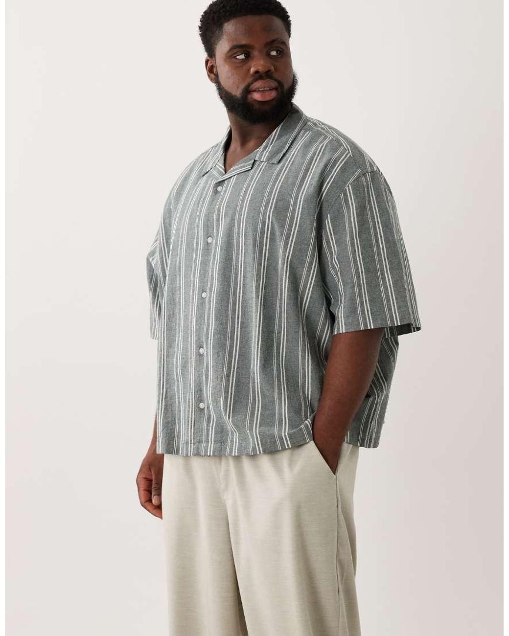 ASOS Gray Boxy Oversized Linen Look Stripe Shirt for men