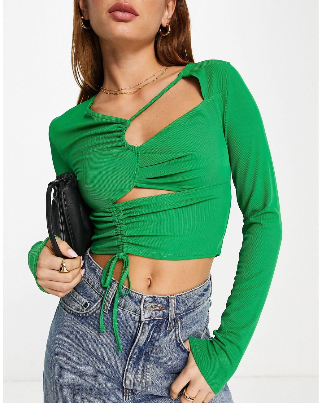 TOPSHOP Cut Out Tie Side Long Sleeve Top in Green | Lyst Australia