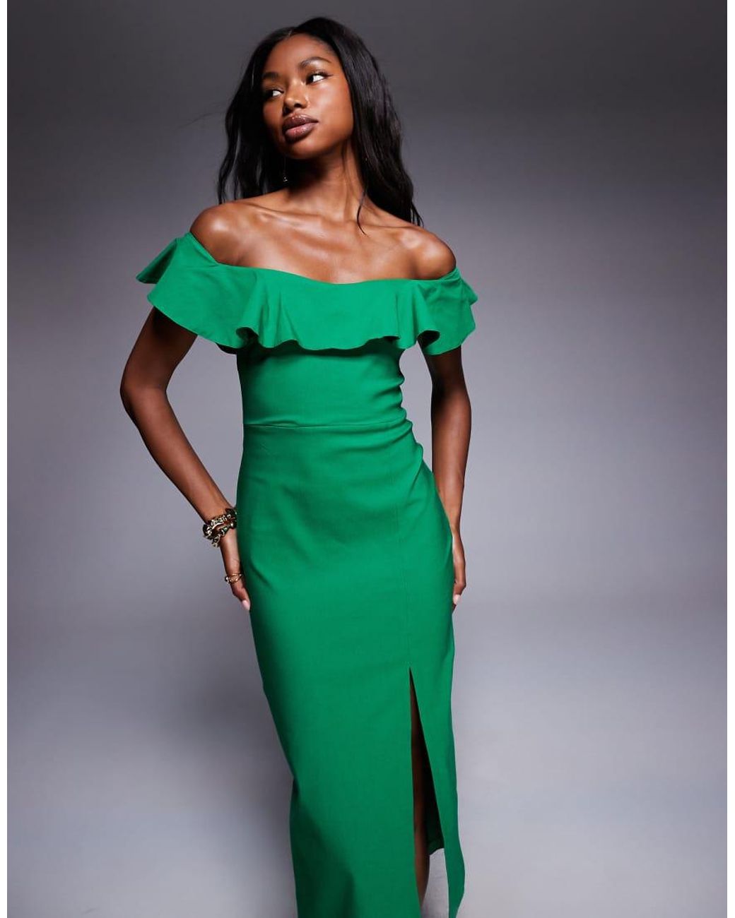 Vesper Green Bengaline Frill Bardot Side Split Midi Dress