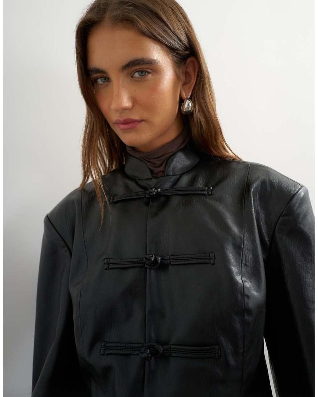 TOPSHOP Black Faux Leather frogging Fastening Blazer
