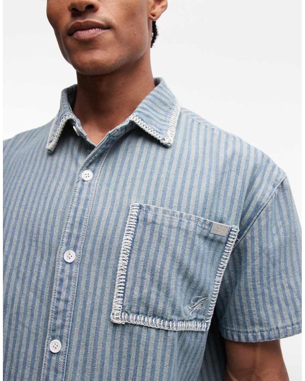 Liquor N Poker Blue Boxy Pinstripe Embroidery Pocket Detail Shirt for men