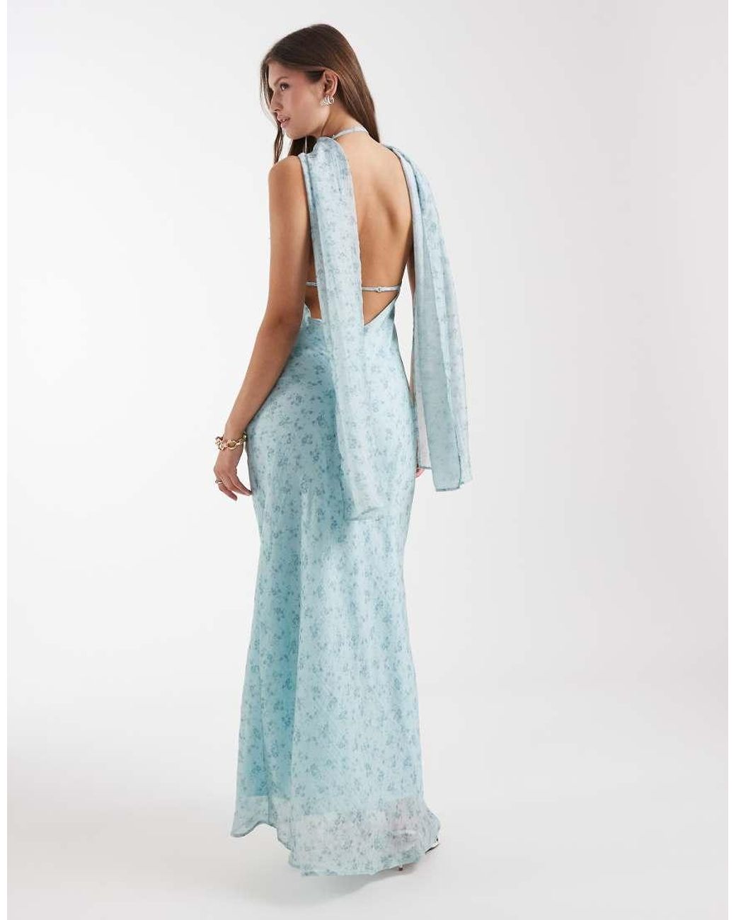 ASOS Blue Satin Scarf Cowl Neck Maxi Dress