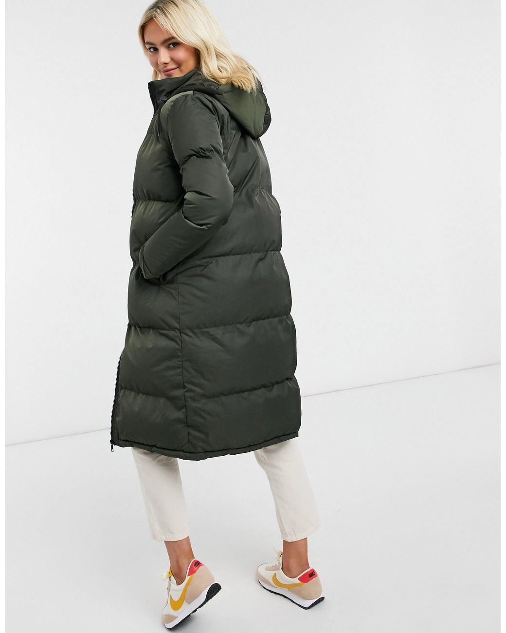 Brave Soul Cello Maxi Longline Puffer Jacket in Green - Lyst