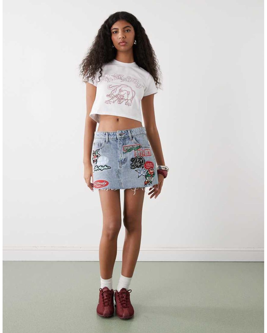 Ed Hardy White Multi Badge Tattoo Denim Mini Skirt