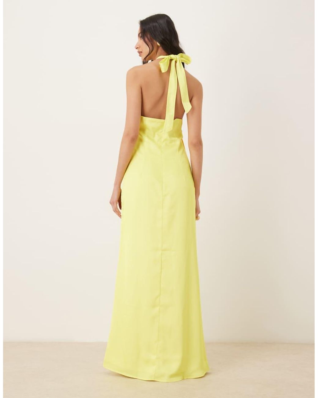 JW PEI Yellow Halter Neck Tie Detail Plunge Neck Satin Maxi Dress