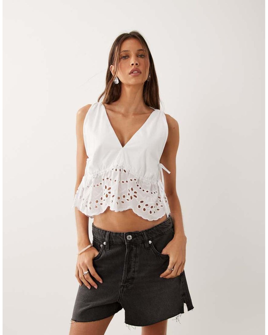 Mango White Cotton Rich Embroidered Sleeveless Top