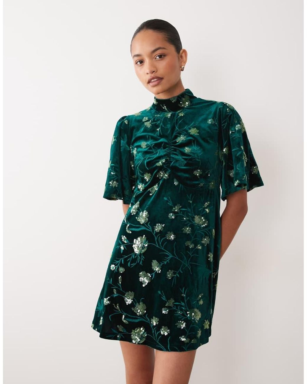 Sister Jane Green Velvet Flutter Sleeve Mini Dress With Floral Embroidery