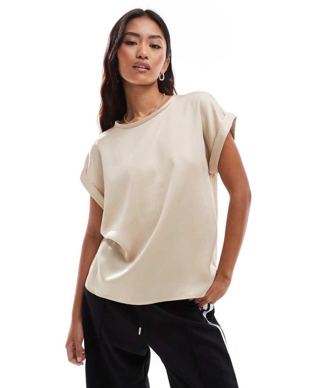 Vila White Satin Front T-shirt With Turn Up Sleeve