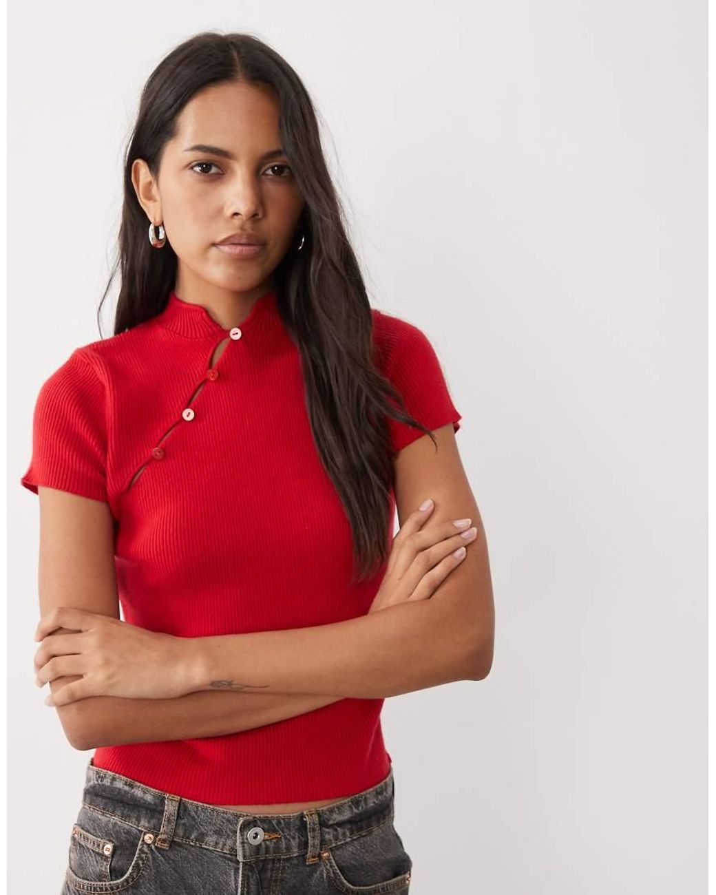 Miss Selfridge Red Knit Mandarin Collar Top