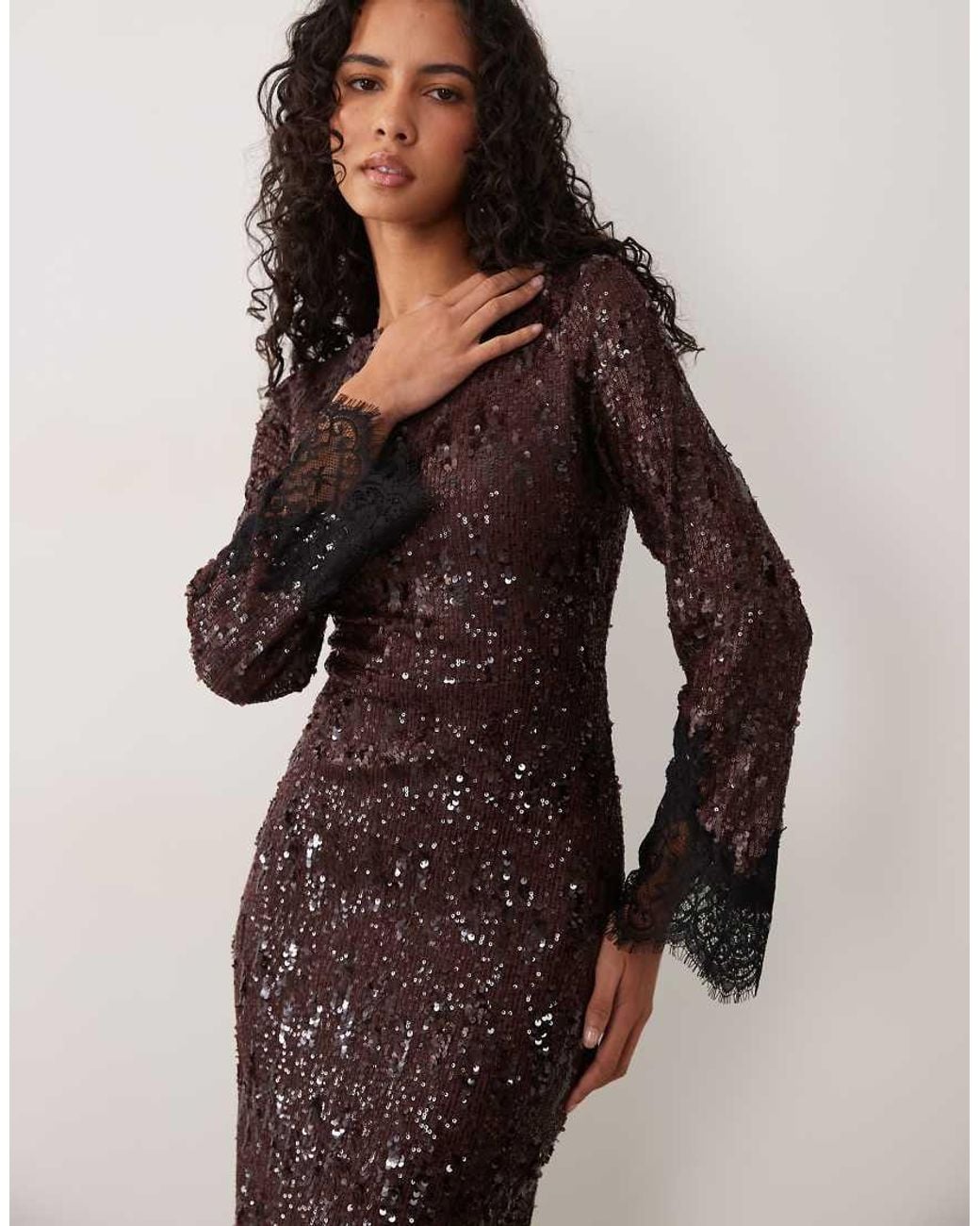 TFNC London Brown Sequin Slash Neck Maxi Dress