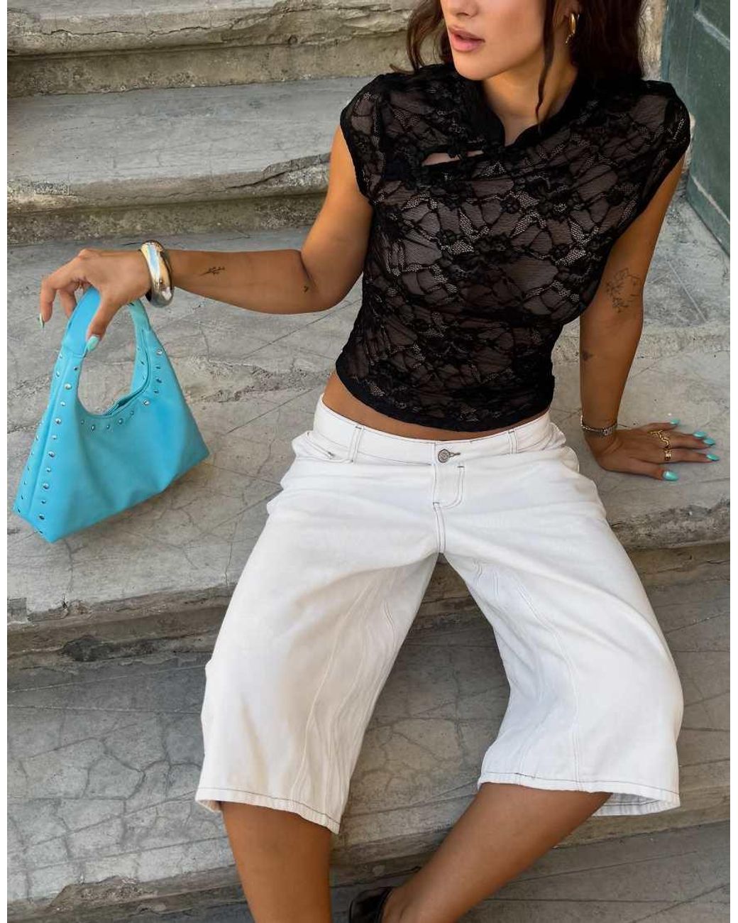Bershka White Slouchy Denim Bermuda Shorts