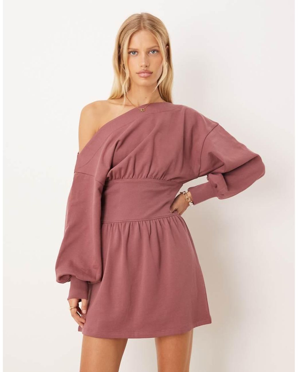 ASOS Pink Cotton Slash Neck One-shoulder Elasticated Waisted Mini Dress
