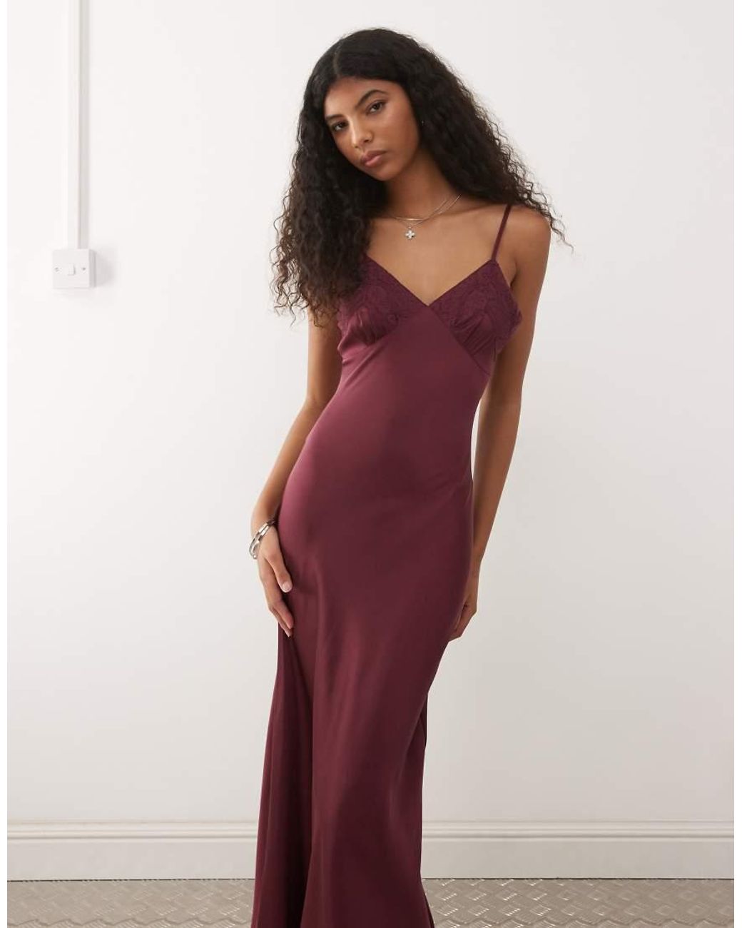 Reclaimed Vintage Pink Maxi Cami Satin Slip Dress With Lace Trims
