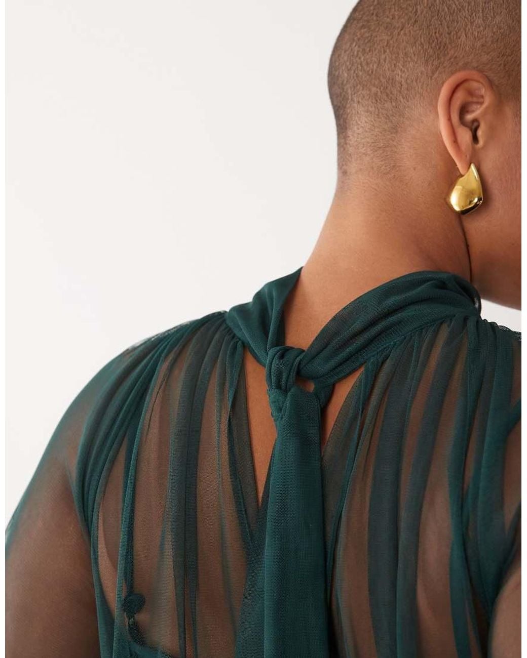 Lace & Beads Plus Green Sheer Tulle High Neck Bell Sleeve Ruffle Trim Maxi Dress
