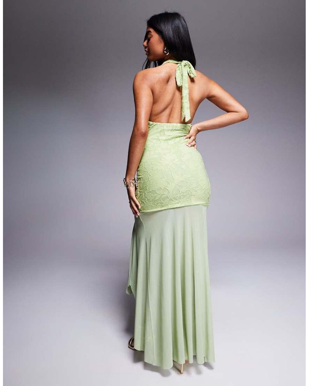 ASOS Green Highneck Maxi Dress With Sheer Skirt