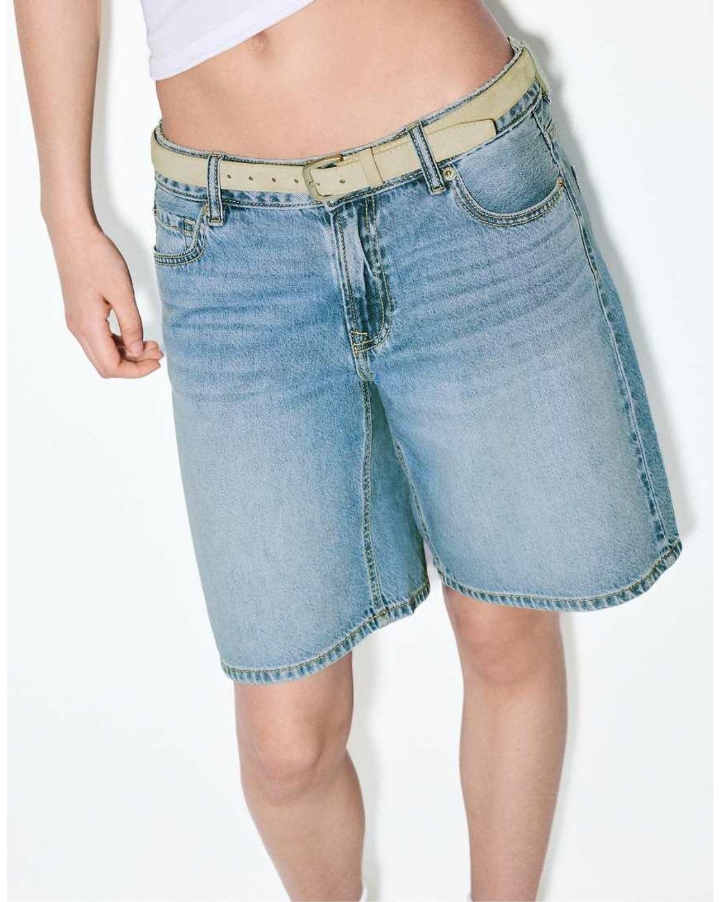 Stradivarius Blue Belted Denim Bermuda Shorts