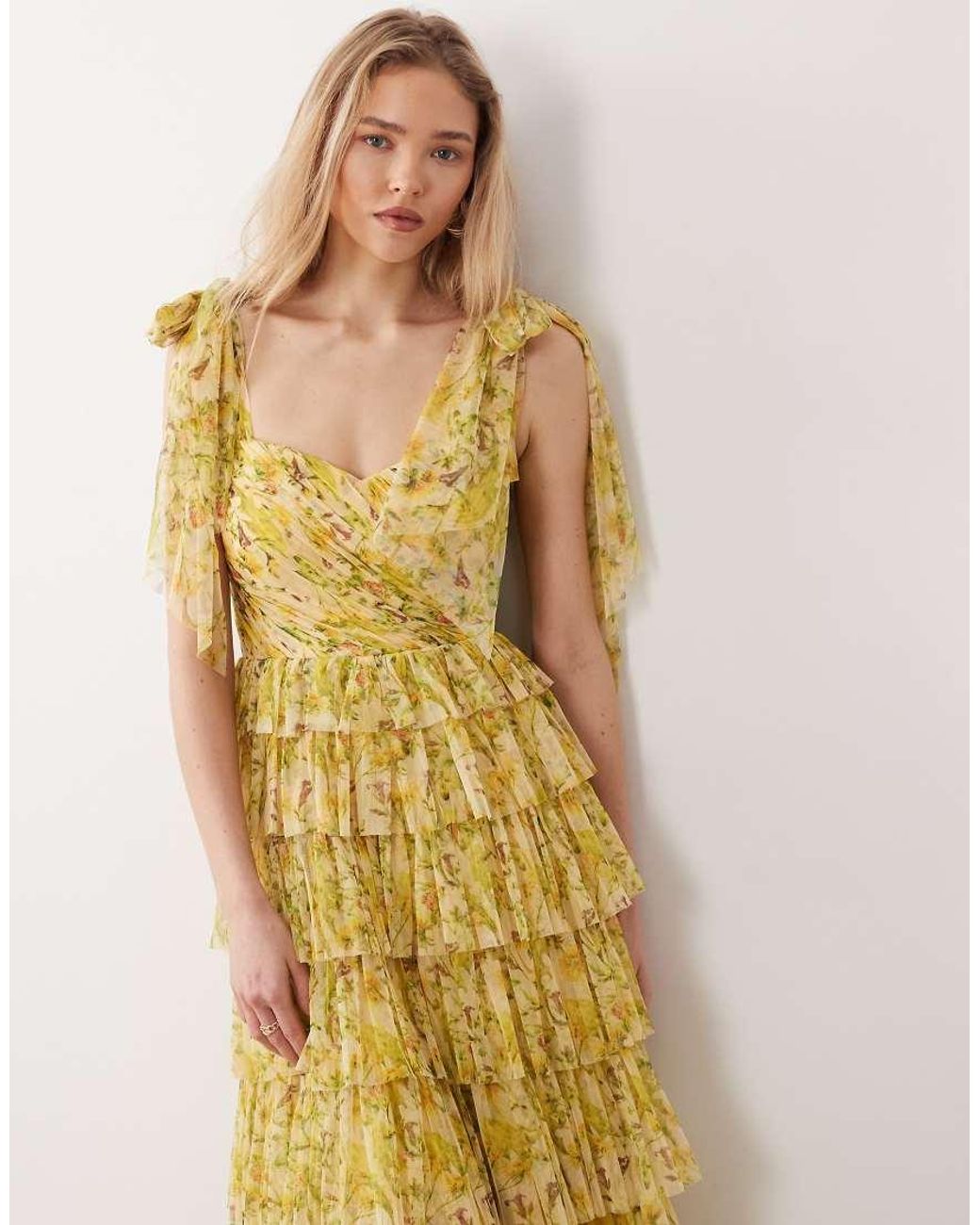 LACE & BEADS Yellow Ophelia Bow Shoulder Tulle Maxi Dress