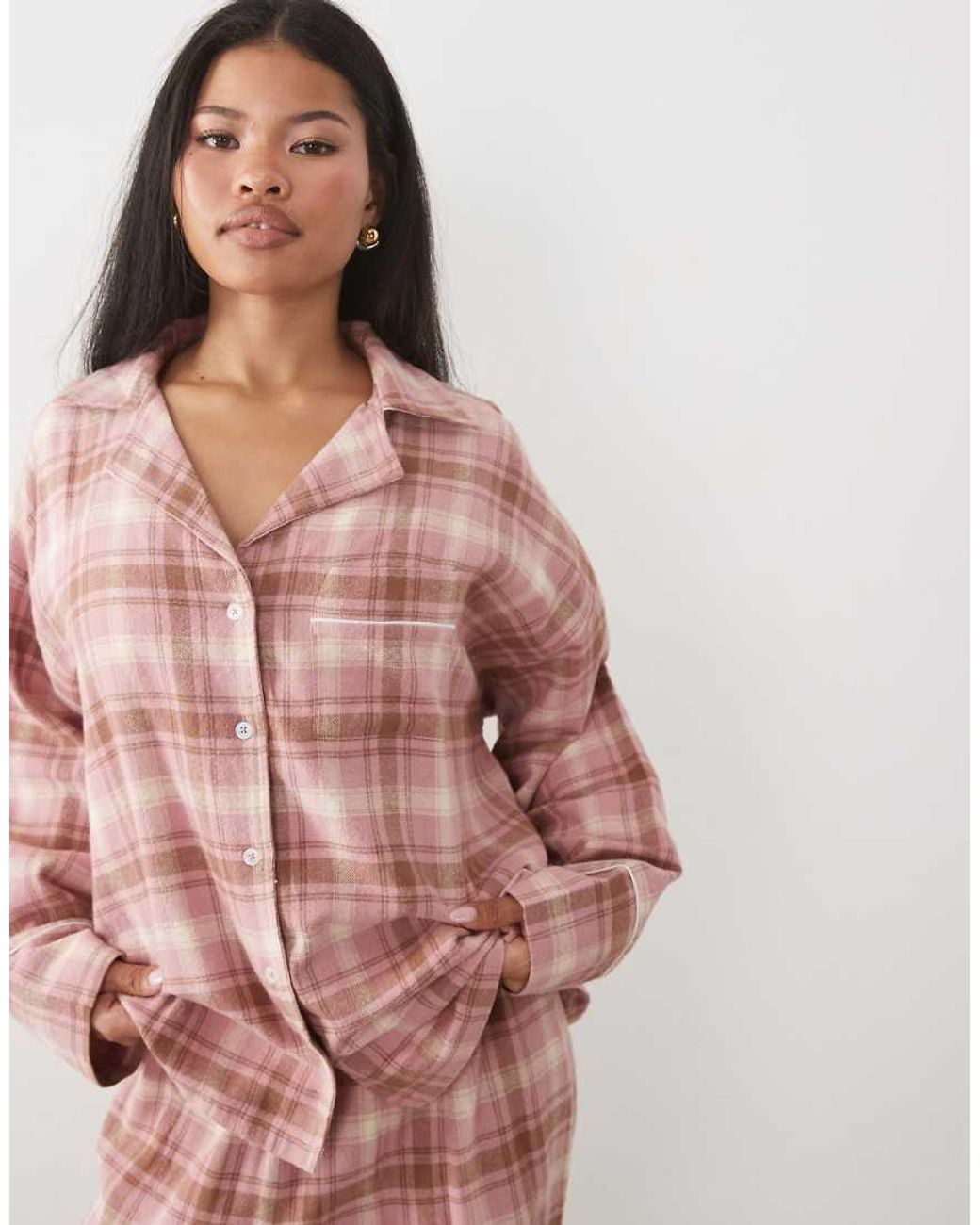 ASOS Pink Asos Design Petite Brushed Long Sleeve Woven Pyjama Set