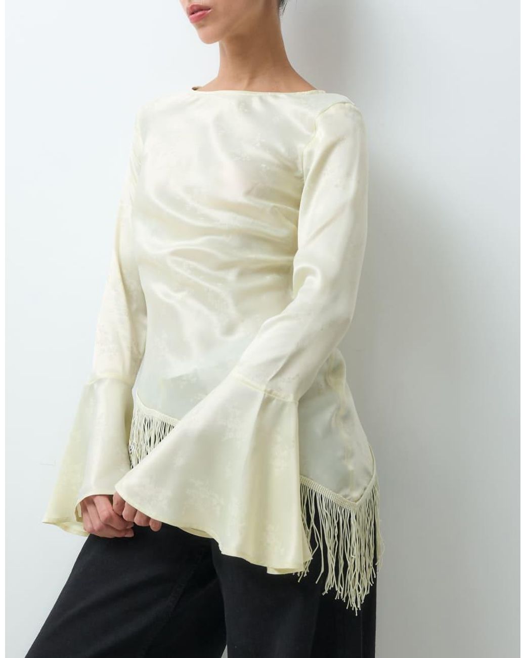 Reclaimed Vintage White Asymmetric Satin Jacquard Blouse With Flare Sleeve