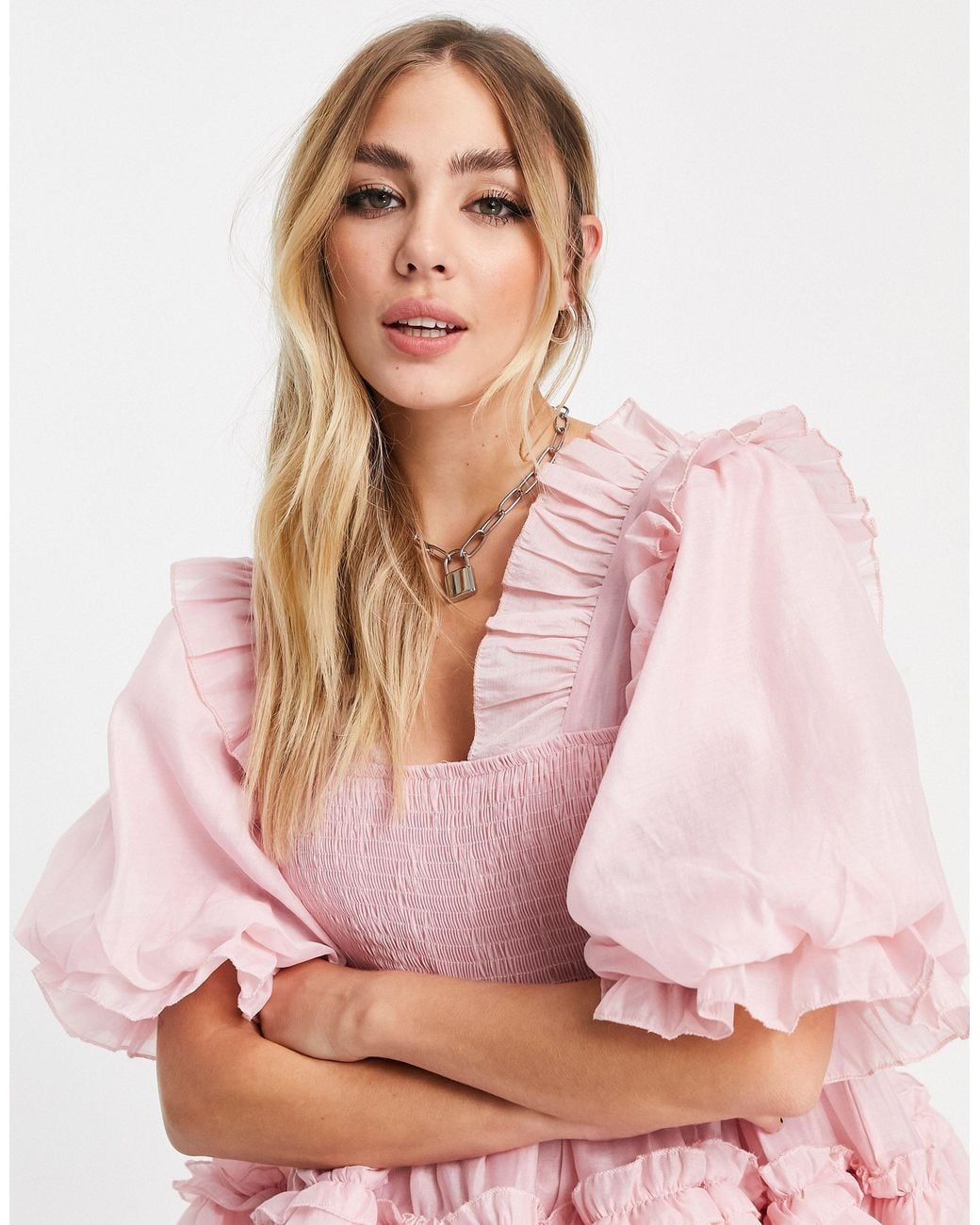 hot pink organza puff sleeve smock dress