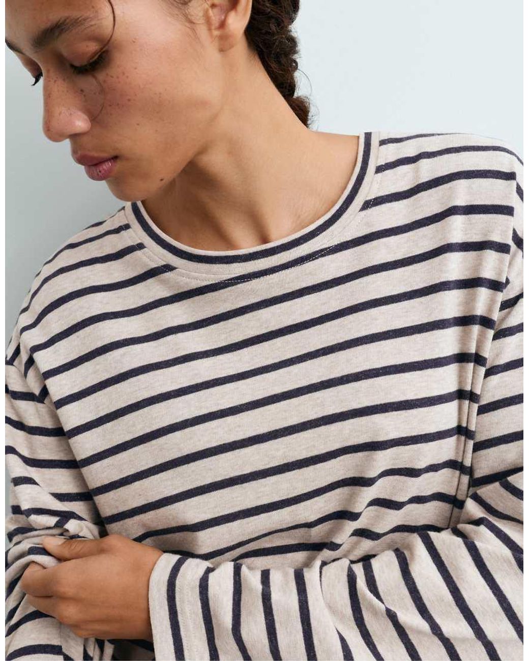 Oysho White Striped Cotton-Blend Long-Sleeved T-Shirt