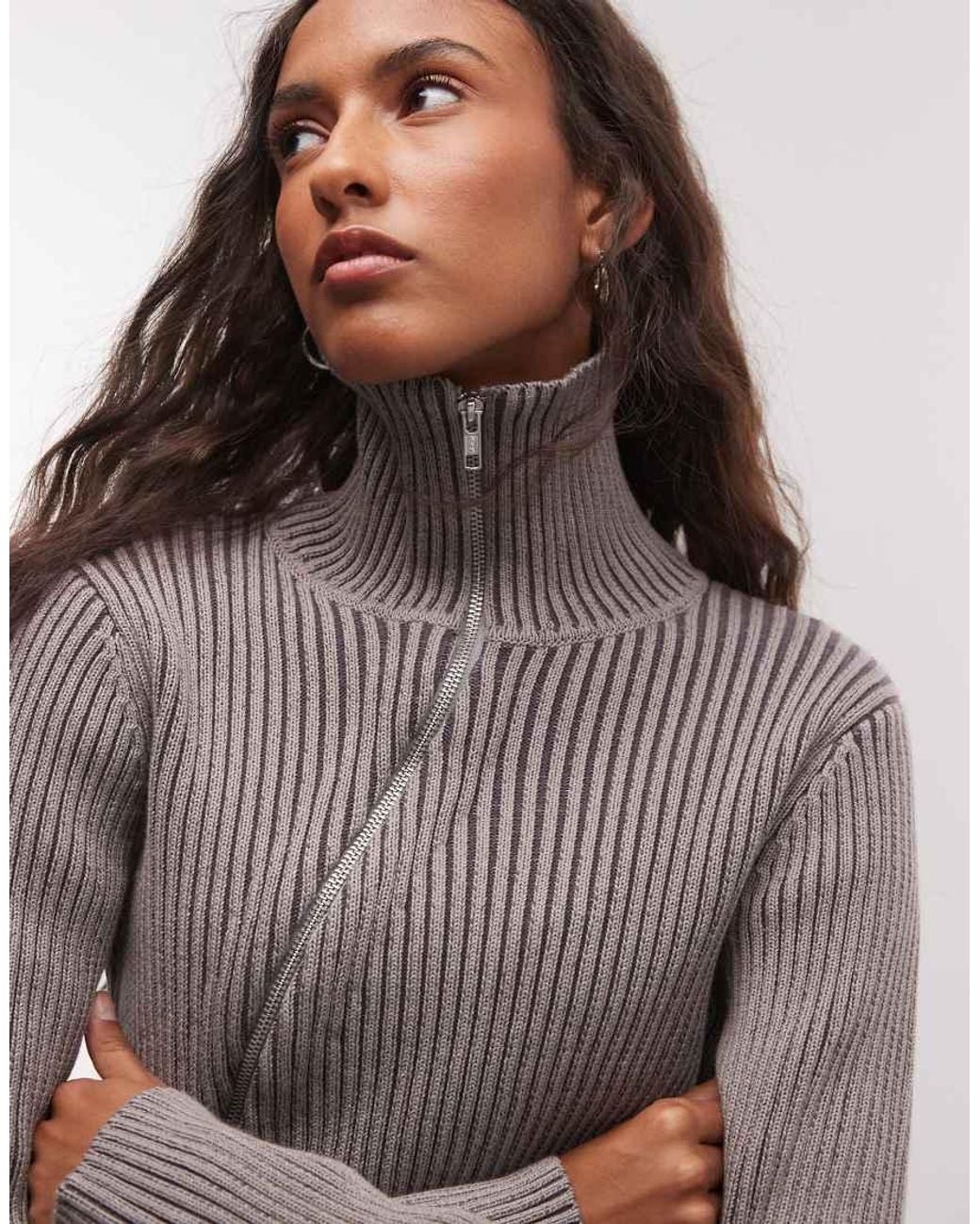 Collusion Gray Asymmetric Zip Through Knitted Plated Sweater
