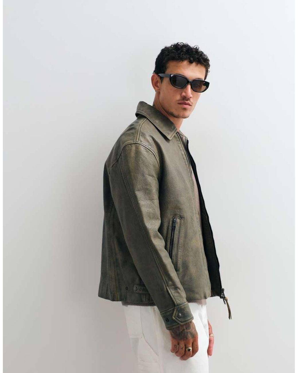 AllSaints White Garrison Zip Up Leather Jacket for men