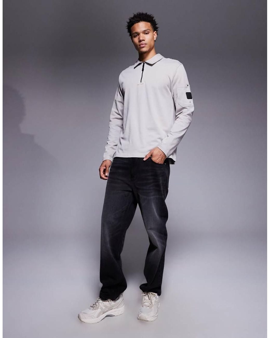 River Island Gray Slim Pocket Zip Polo for men