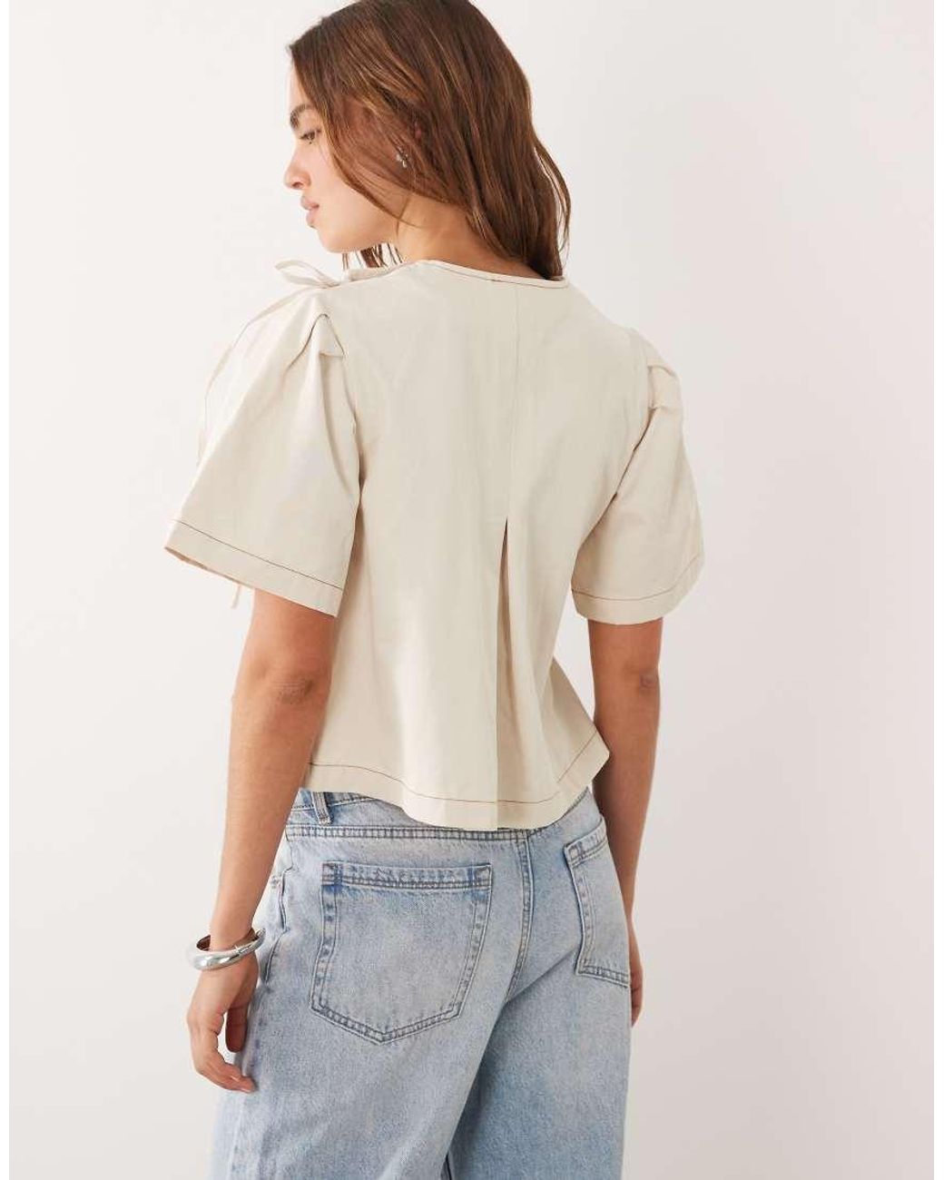 Ghospell White Cotton Asymmetric Bow Detail Boxy Short Sleeve Top