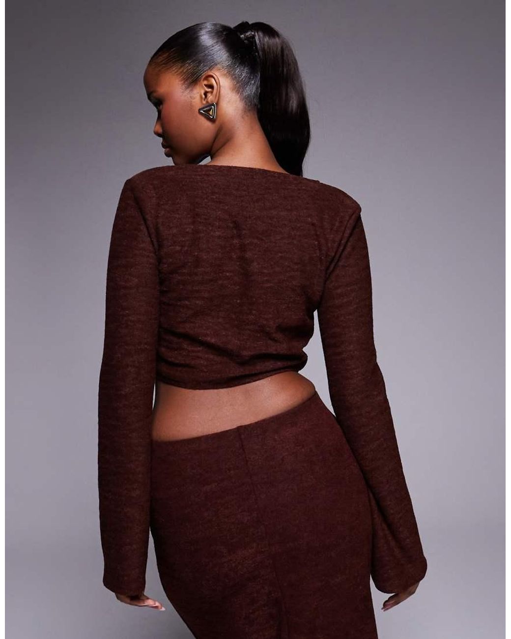 ASOS Brown Co-ord Brushed Rib V Front Crop Top With Flare Sleeve