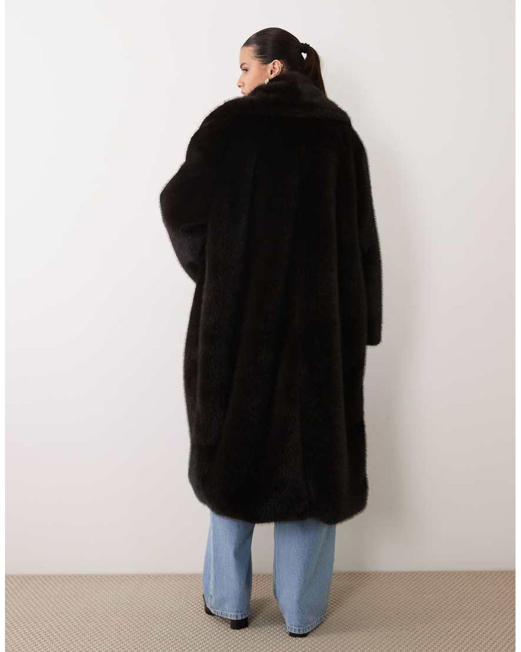 ASOS Black Longline Funnel Neck Faux Fur Coat