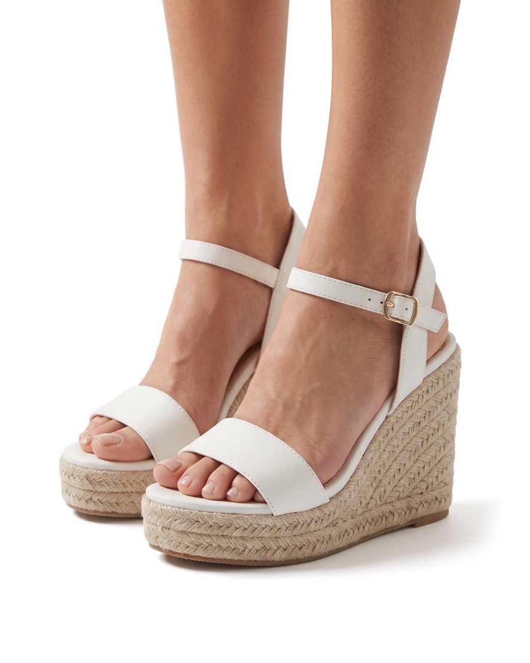 SEQWL White Espadrille Wedge Heel Sandals With Ankle Buckle Strap
