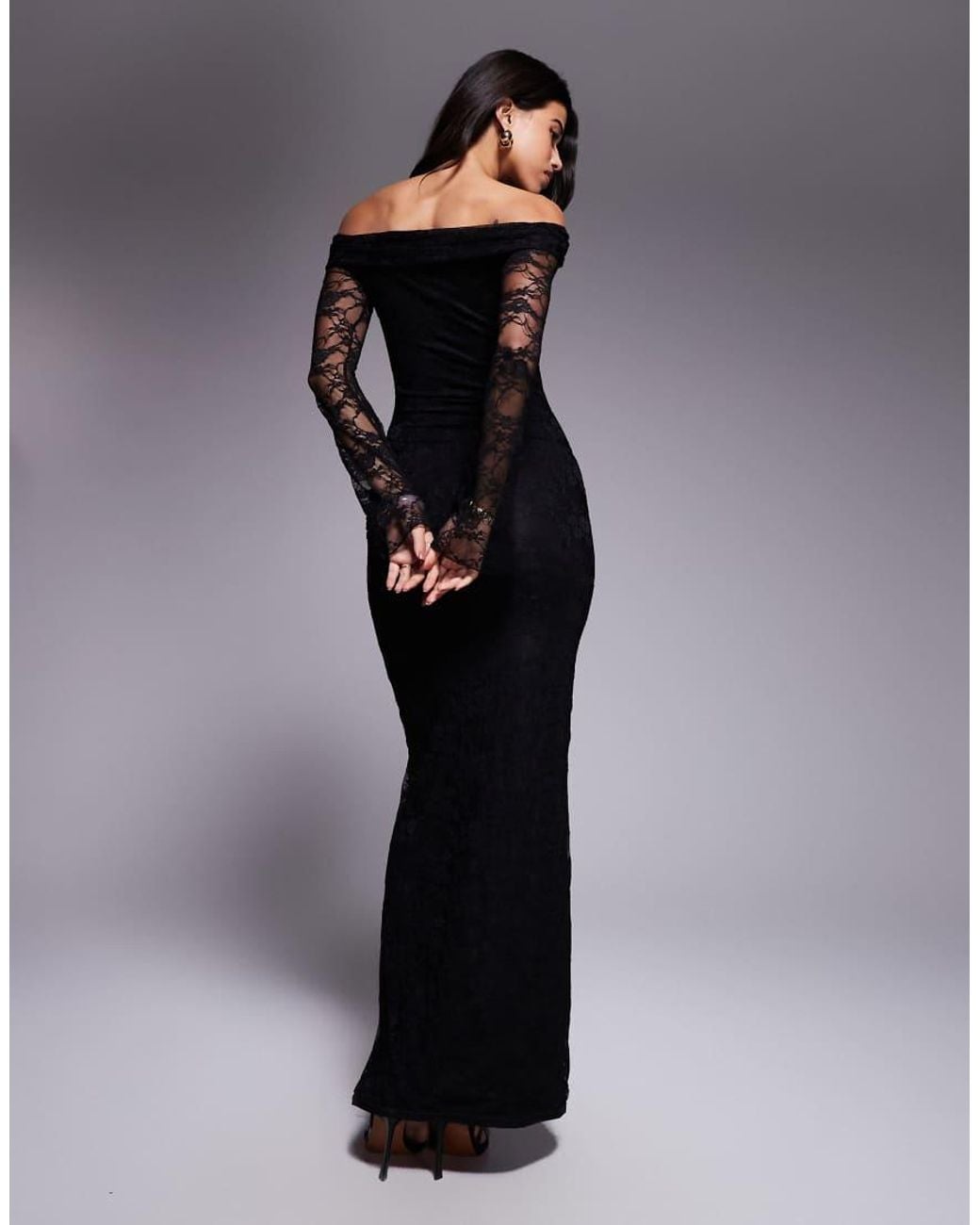 Kaiia Blue Exclusive Double Layered Slinky Lace Bardot Flare Sleeve Tie Waist Drape Detail Maxi Dress